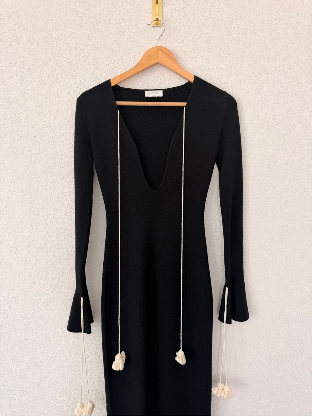 Meshki Black Long-Sleeve V-Neck Knit Dress with Cream Tie Accents